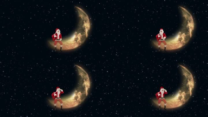 圣诞老人坐在月亮上，等待驯鹿和闪烁的星星