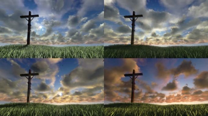 耶稣在十字架上，草地和落日