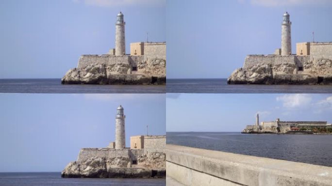 古巴纪念碑和地标，古巴哈瓦那的灯塔和莫罗城堡，从马莱孔望去，与加勒比海相望。序列