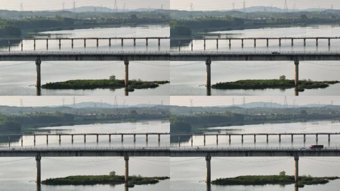 武汉新洲区倒水河李集大桥航拍长焦车来车往