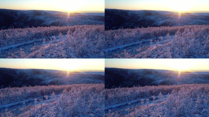 航拍大兴安岭极寒雪色山岭日出