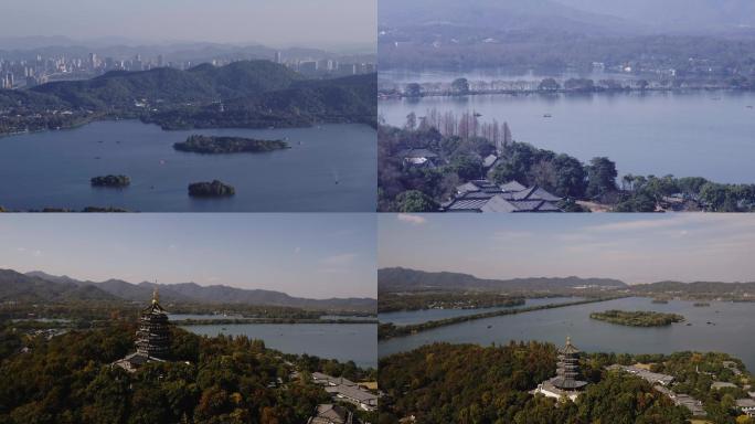 航拍杭州地标西湖雷峰塔秋长焦