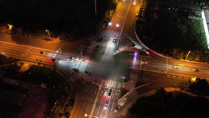 沂蒙路夜景城市车流移动延时摄影航拍素材