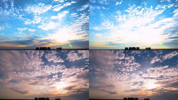 早晨城市朝霞太阳穿梭在流云中延时摄影