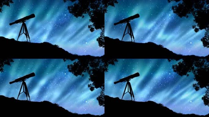 星空中的极光动画，带有合成望远镜和随风吹动的树木