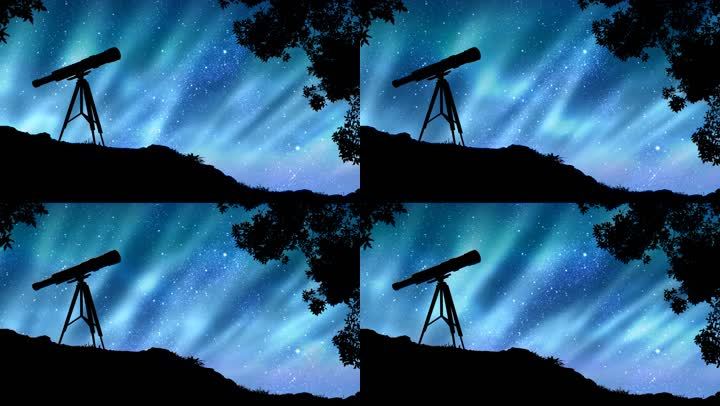 星空中的极光动画，带有合成望远镜和随风吹动的树木
