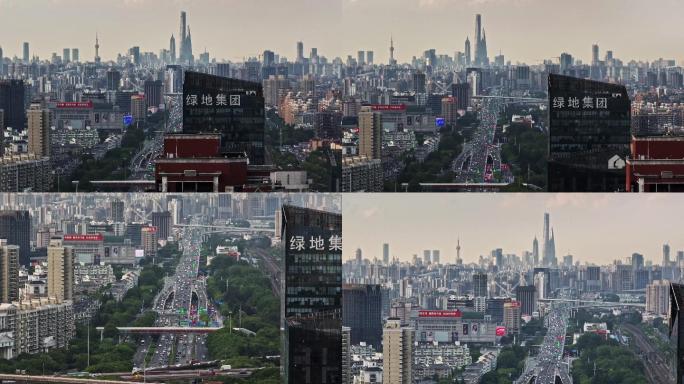 航拍上海市区交通压缩感道路拥挤