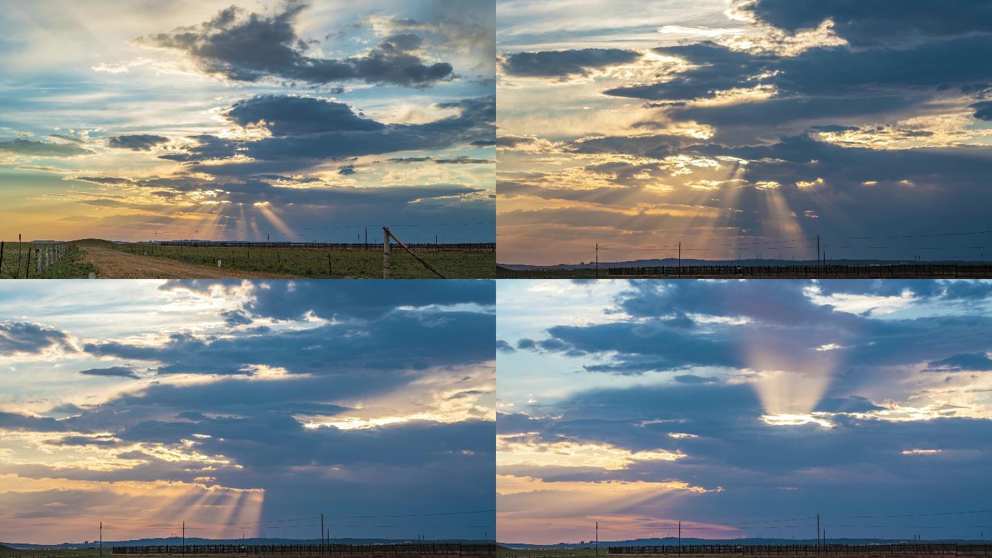 【4K】草原日暮阳光透过云层延时
