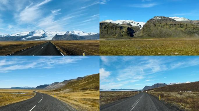 冰岛公路旅行沿途雪山风光 弯曲绵延的公路
