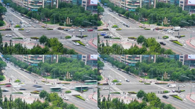 城市交通马路十字路口车流延时摄影