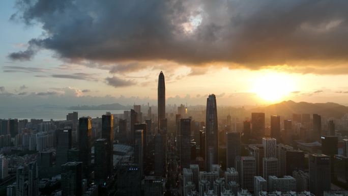 深圳市福田区航拍办公楼群傍晚夕阳画面