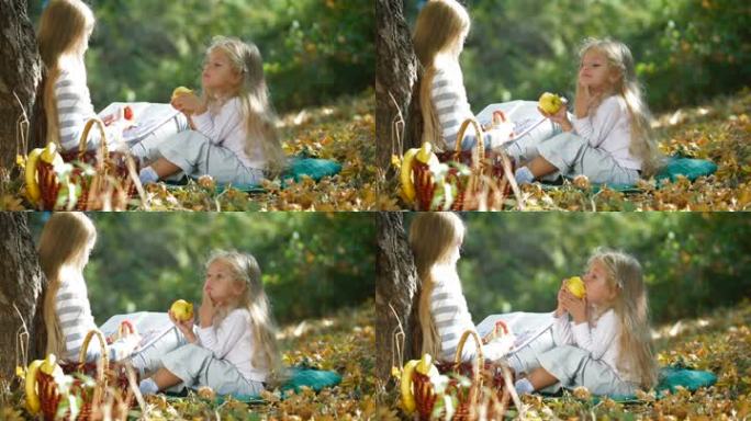 两个金发小女孩在秋天公园看书