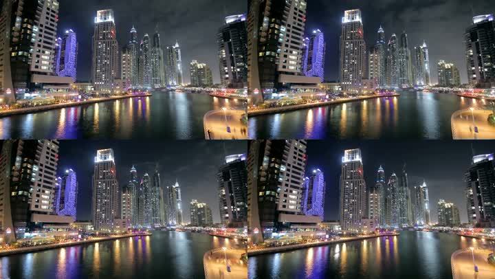 迪拜码头夜幕降临。高清视频。