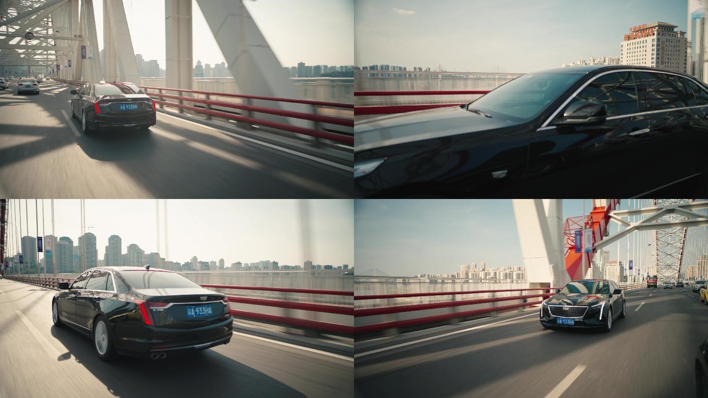 卡迪拉克汽车广告城市大桥路跑阳光电影感