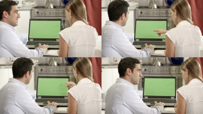 年轻男女使用绿色屏幕的笔记本电脑上网和收发电子邮件