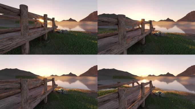 日出晨雾中寂静的湖面和木栈桥C4D动画