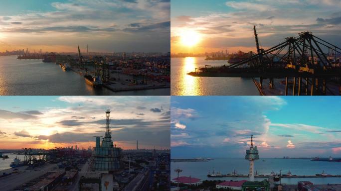 【4k】航拍天津港-港口夕阳下繁忙的港口