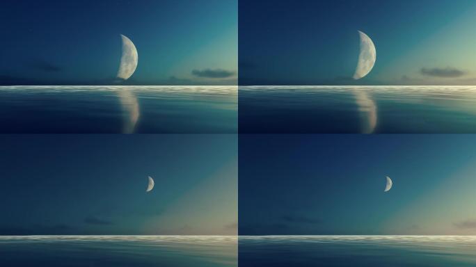 夜空明月水中倒影唯美月光海上月亮晚会背景