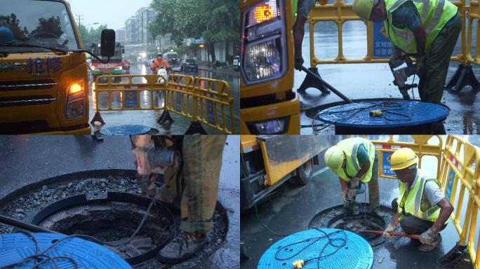 【城市施工】冒雨更换窨井盖