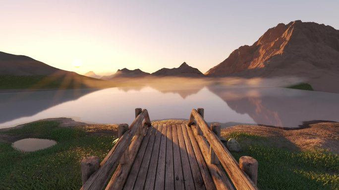 日出晨雾中寂静的湖面和木栈桥C4D动画