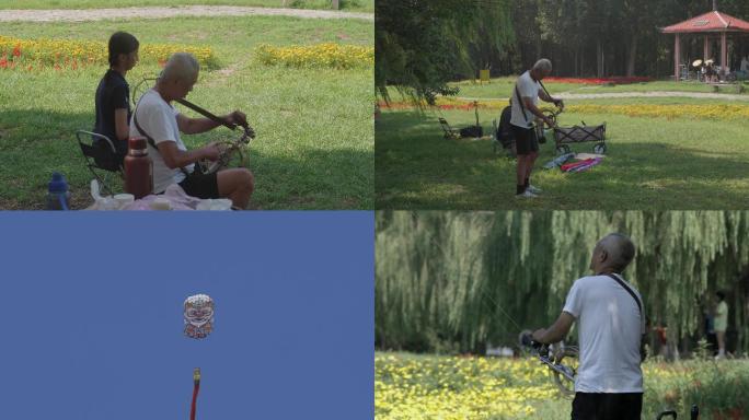 老人在公园放风筝安逸生活老人退休休闲放松