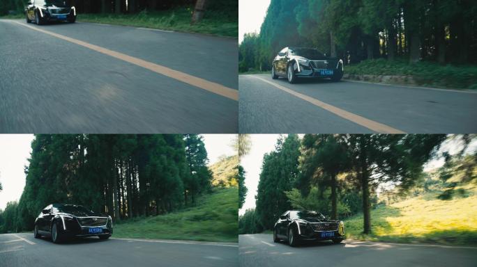 凯迪拉克汽车广告森林路跑车拍阳光