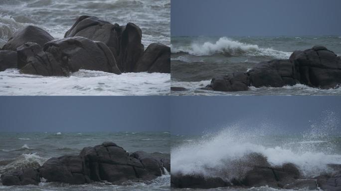 台风天巨浪拍打礁石-高速摄影