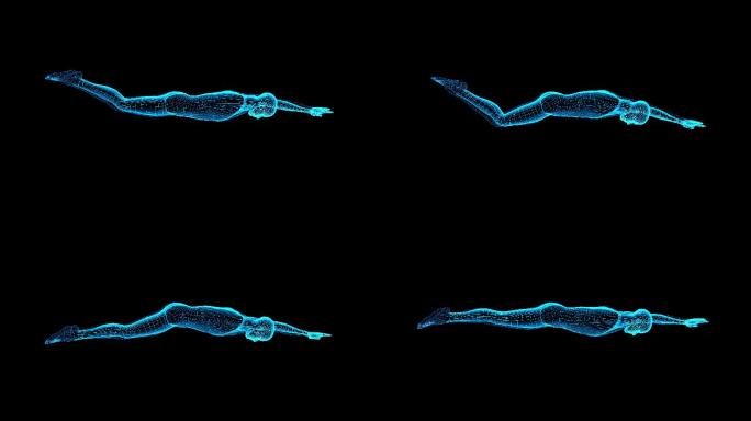 4K蓝色全息投影人体游泳动画素材带通道