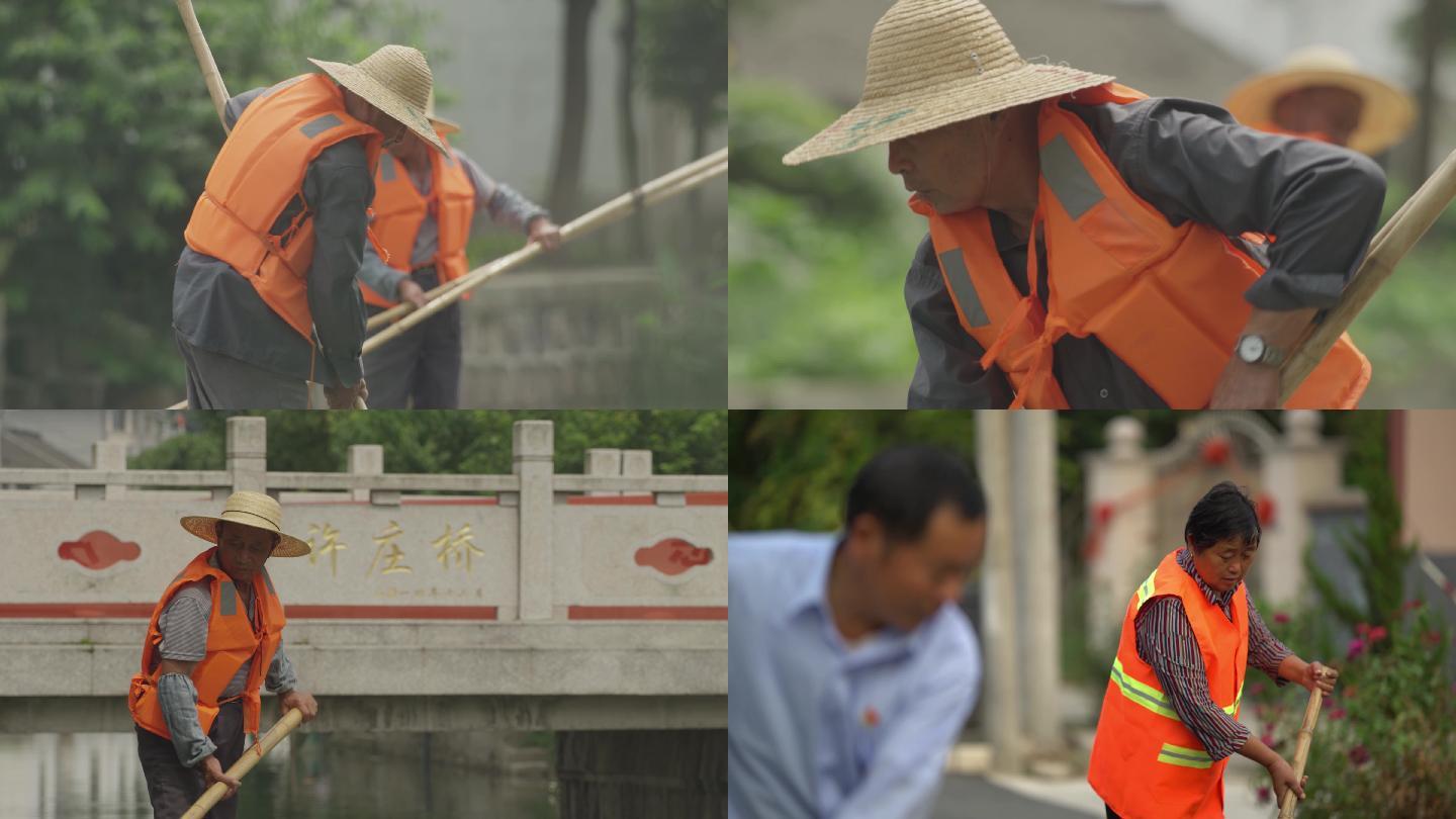 原创环卫工人河道清洁修建树木打扫街上落叶