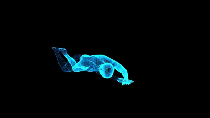 4K蓝色全息投影人体游泳动画素材带通道