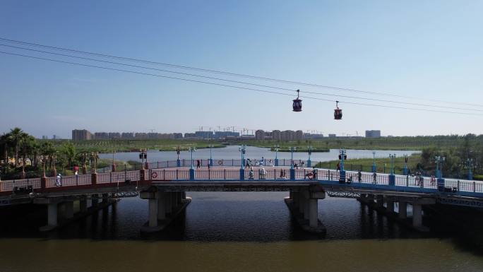 4K航拍 上海海昌海洋公园 缆车和小桥