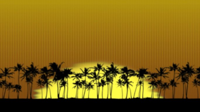 太阳从棕榈树上升起。树木和太阳具有热产生的扭曲波浪效应。只要把它倒过来，就能看到日落。