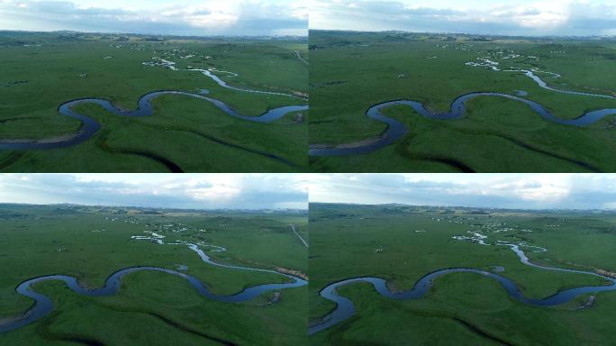 航拍呼伦贝尔草原蜿蜒的河流