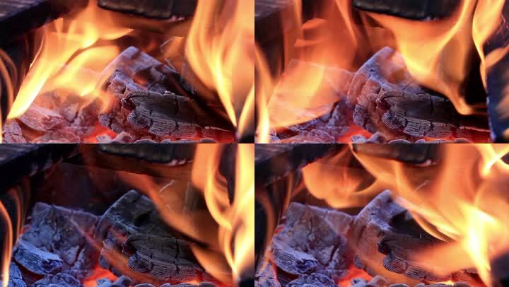 火盆起火。烤肉时取暖。