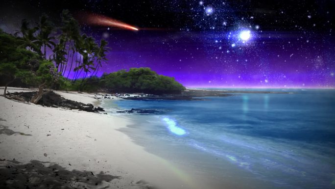 这是一个平静、超现实的海滩场景，碧波荡漾，白沙滚滚，夜空中布满了星星和一颗红色的彗星。包括海浪撞击的