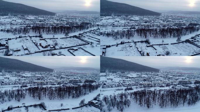 航拍大兴安岭山村雪景