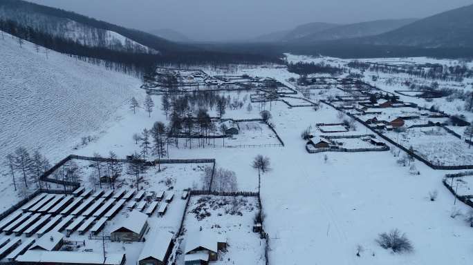 航拍大兴安岭山村雪景