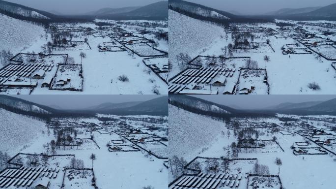 航拍大兴安岭山村雪景