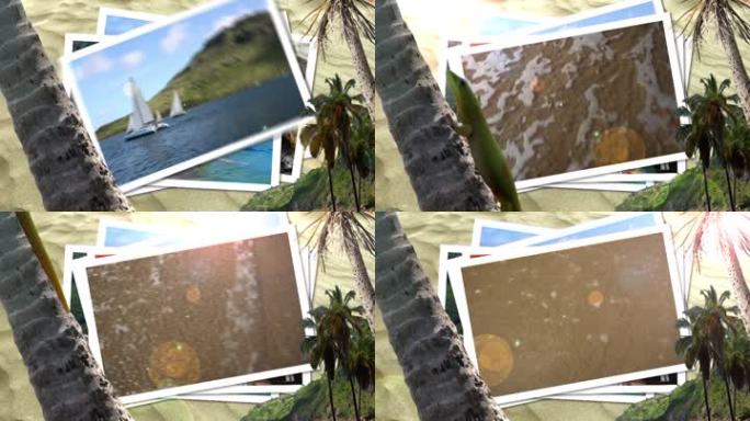 热带海滩度假照片被抛在沙滩背景上。当你把你的文字放在最后一张照片上时，作为背景效果很好。