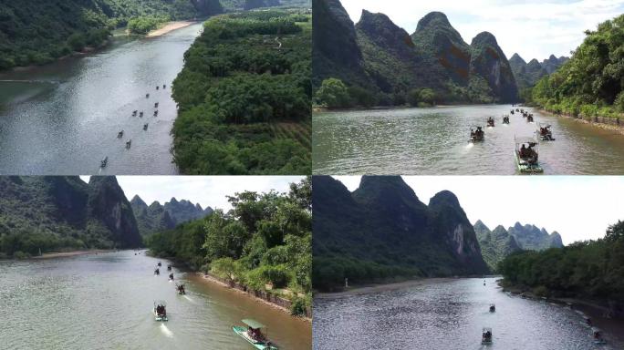 广西桂林山水游船队伍自然风景航拍