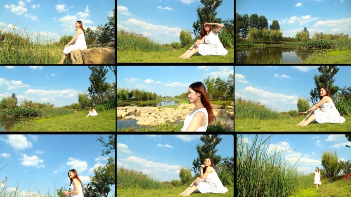 女孩河边散步 美女坐在草地上 白裙子少妇