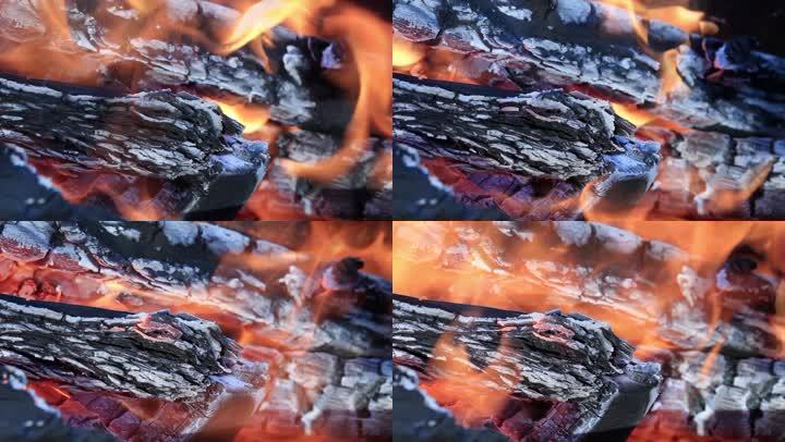 火盆起火。烤肉取暖