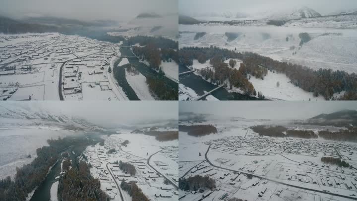 航拍新疆金秋禾木下雪的清晨