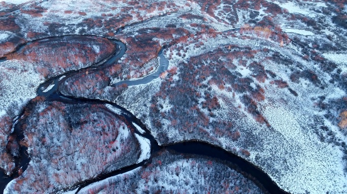 航拍内蒙古扎敦河湿地雪原河流