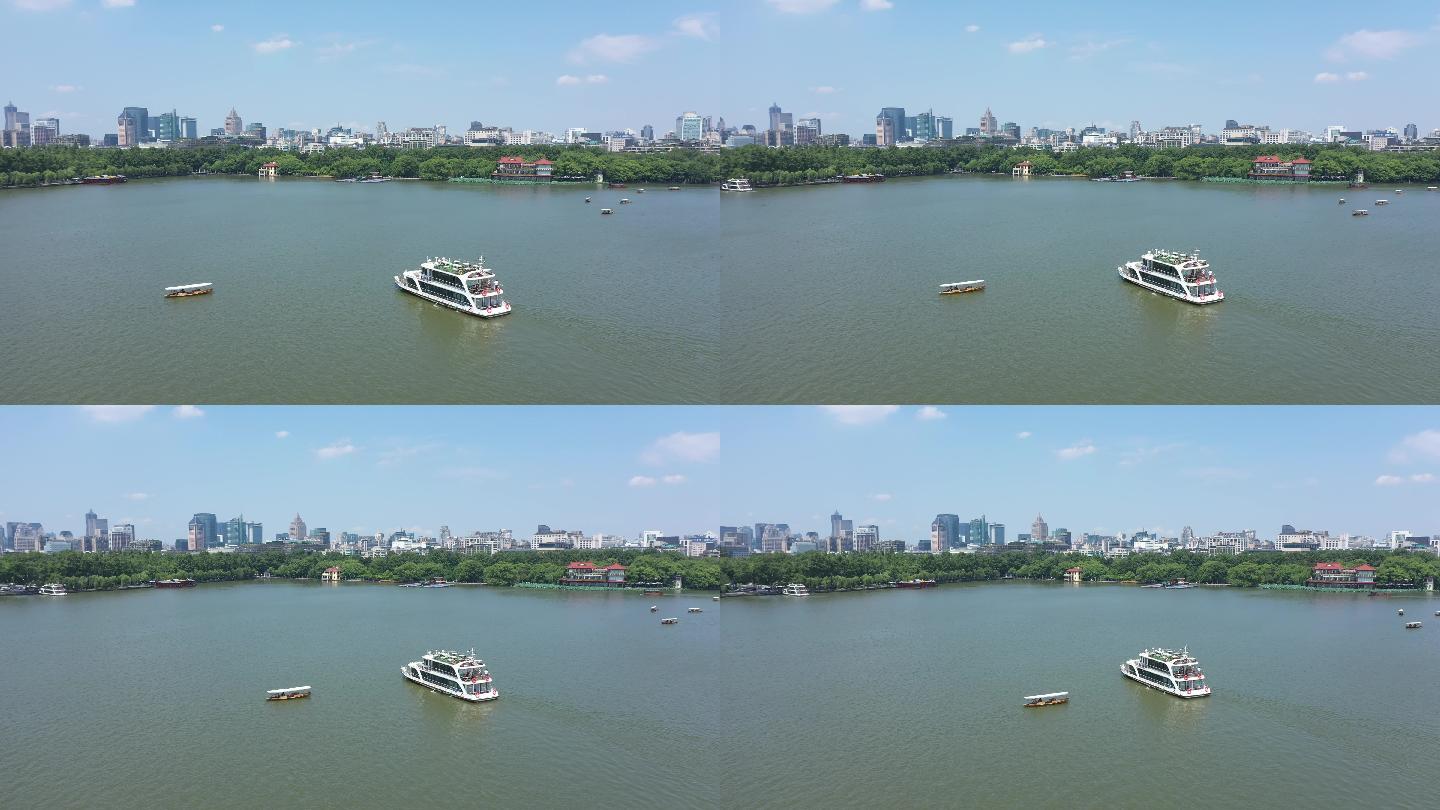 航拍杭州西湖游船，游艇