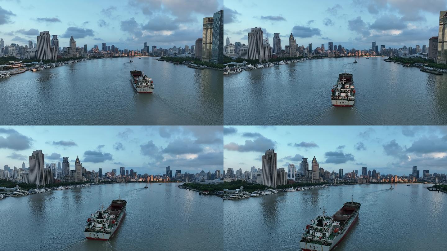 4K原素材-上海黄浦江及外滩清晨江面货船