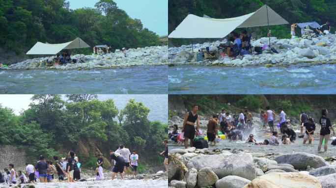 夏季河边搭帐篷玩水避暑