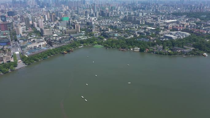 航拍杭州西湖周边城市高楼