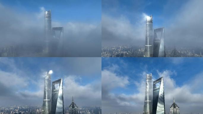 上海陆家嘴平流雾景佛光特写4K航拍可商用