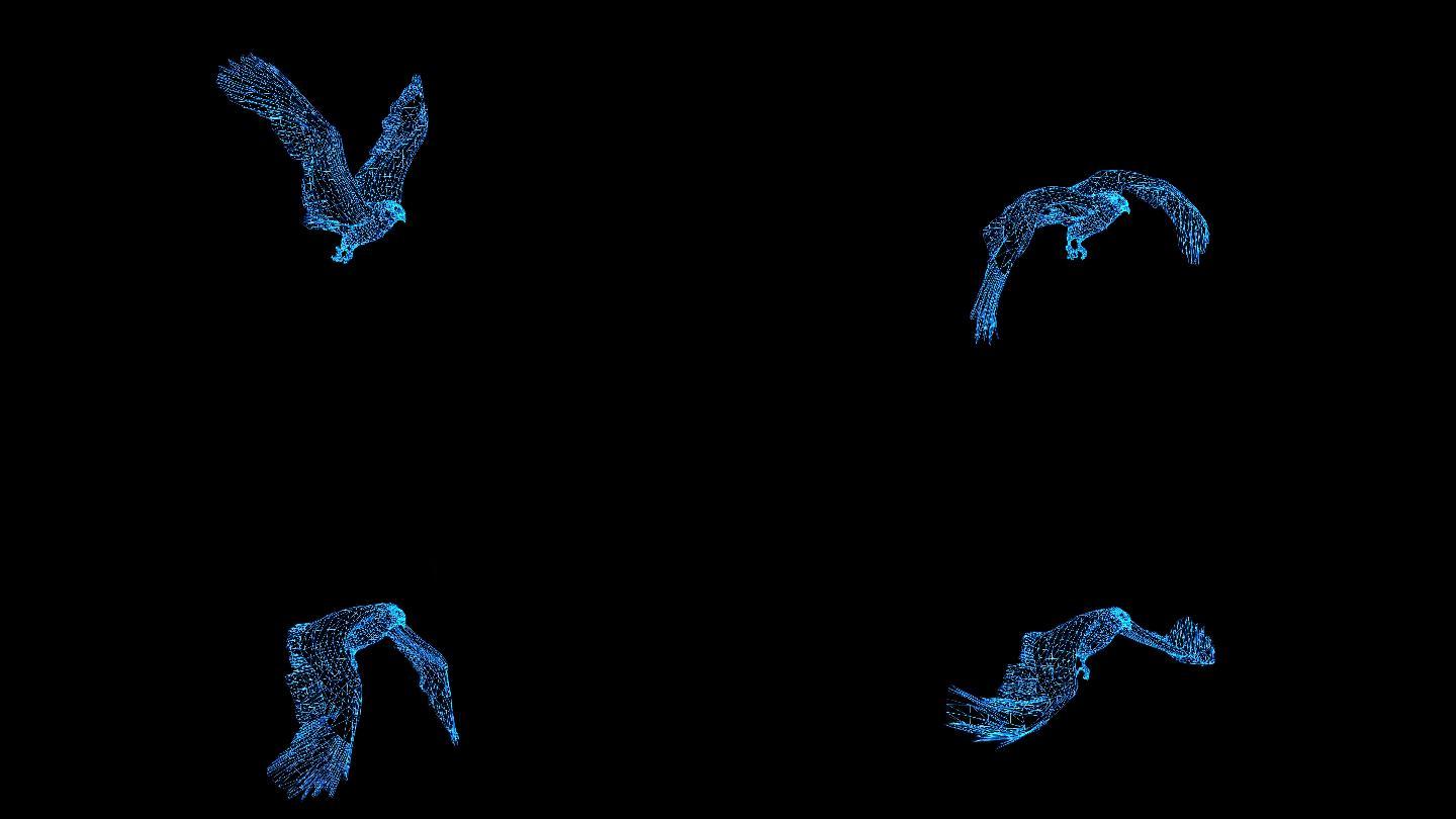 4K蓝色全息线框投影鹰飞翔动画带通道
